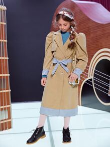 SHEIN Girls Lapel Neck Flap Detail Belted Puff Sleeve Coat