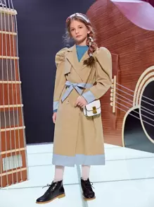 SHEIN Girls Lapel Neck Flap Detail Belted Puff Sleeve Coat