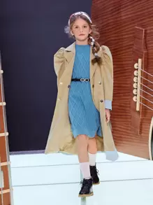 SHEIN Girls Lapel Neck Flap Detail Belted Puff Sleeve Coat