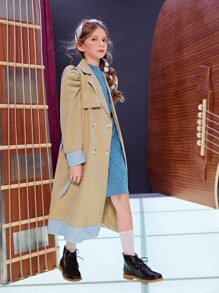 SHEIN Girls Lapel Neck Flap Detail Belted Puff Sleeve Coat