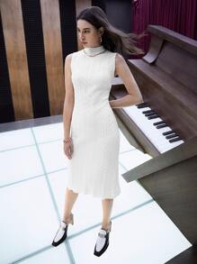 Modelyn Stand Collar Cable Knit Split Hem Sweater Dress Without Belt - White - View 2