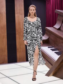 SHEIN VCAY Floral Print Sweetheart Neck Split Thigh Dress - Black and White - View 8