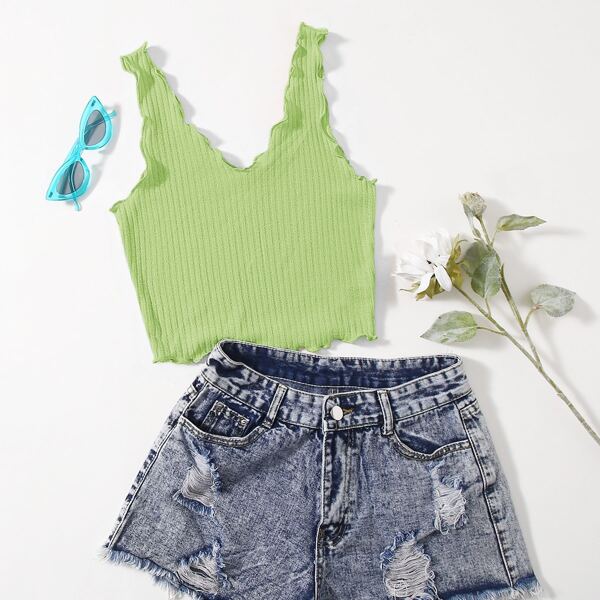 

Solid Rib-knit Lettuce Trim Tank Top, Mint green