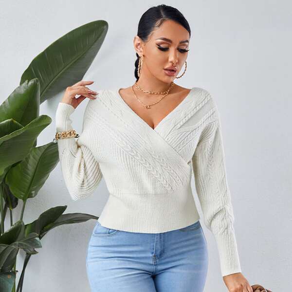 

Surplice Neck Cable Knit Sweater, Beige