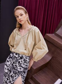 BizChic Ruched Chain Drawstring Lantern Sleeve Blouse