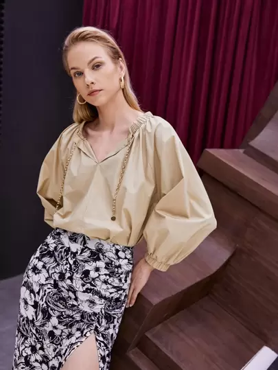 BizChic Ruched Chain Drawstring Lantern Sleeve Blouse