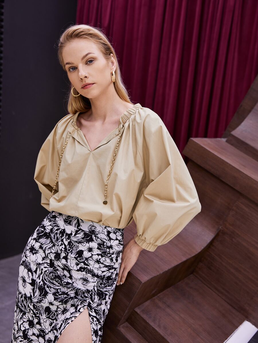 BizChic Ruched Chain Drawstring Lantern Sleeve Blouse