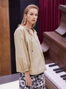 BizChic Ruched Chain Drawstring Lantern Sleeve Blouse