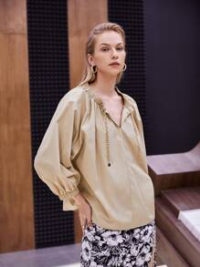 BizChic Ruched Chain Drawstring Lantern Sleeve Blouse