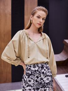 BizChic Ruched Chain Drawstring Lantern Sleeve Blouse