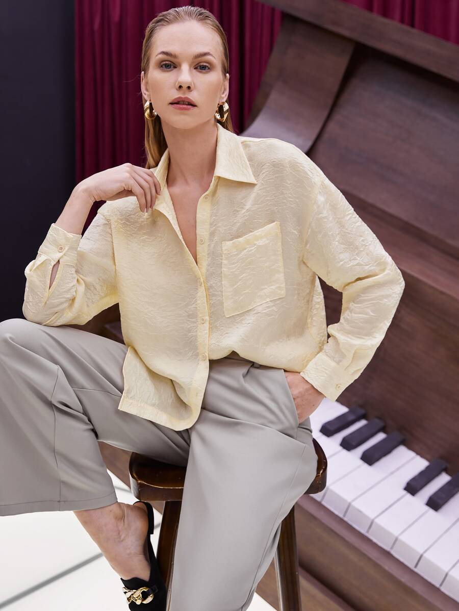 BizChic Solid Pocket Front Drop Shoulder Blouse - Yellow - View 1