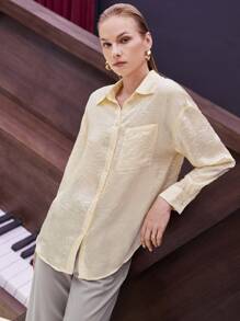 BizChic Solid Pocket Front Drop Shoulder Blouse - Yellow - View 3