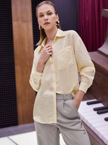 BizChic Solid Pocket Front Drop Shoulder Blouse - Yellow - View 7