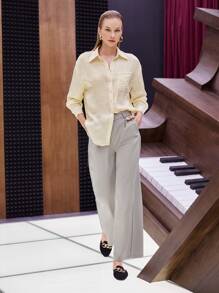 BizChic Solid Pocket Front Drop Shoulder Blouse - Yellow - View 8