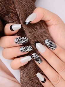 Transform Your Nails with 24pcs Short Coffin French Zebra Print Fake Nail & 1pc Nail File & 1sheet Tape For women And Girls - Apricot - View 1