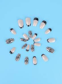 Transform Your Nails with 24pcs Short Coffin French Zebra Print Fake Nail & 1pc Nail File & 1sheet Tape For women And Girls - Apricot - View 6
