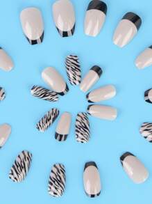 Transform Your Nails with 24pcs Short Coffin French Zebra Print Fake Nail & 1pc Nail File & 1sheet Tape For women And Girls - Apricot - View 5