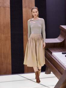 SHEIN Áo thun Cắt ra xoắn lại màu trơn Giải trí - Màu Khaki - Xem 7