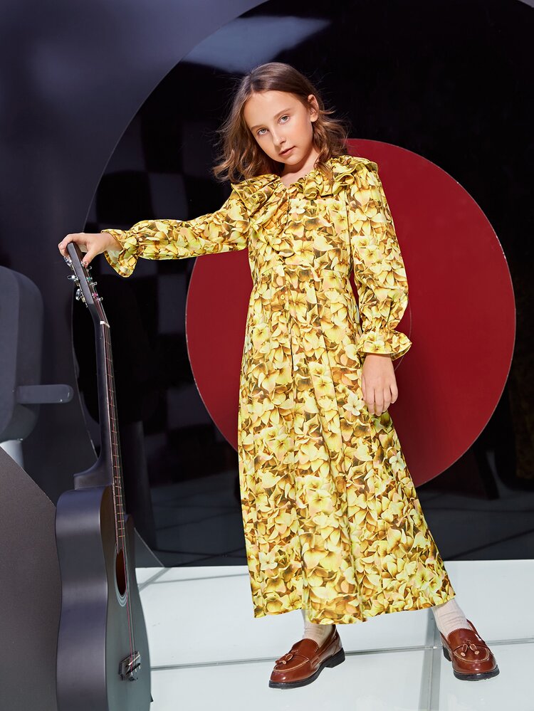 SHEIN Girls Floral Print Flounce Sleeve Ruffle Trim Dress - Multicolor - View 1