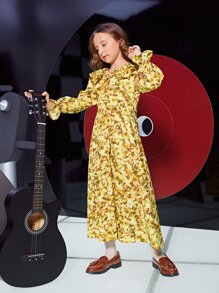 SHEIN Girls Floral Print Flounce Sleeve Ruffle Trim Dress - Multicolor - View 4