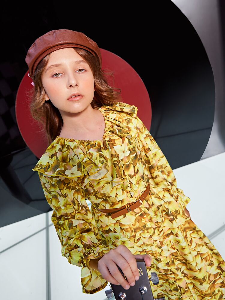 SHEIN Girls Floral Print Flounce Sleeve Ruffle Trim Dress - Multicolor - View 7