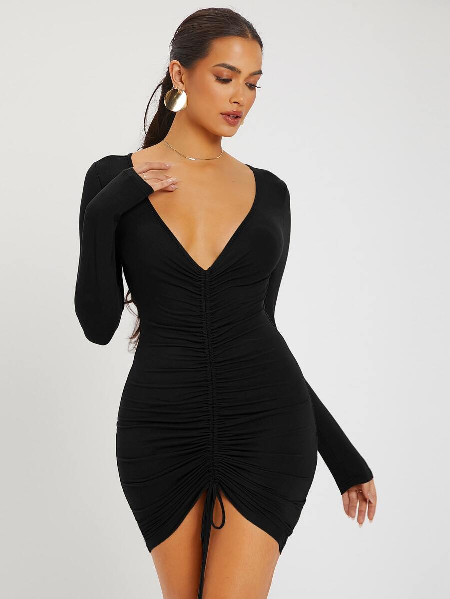SHEIN SXY Vestido ajustado fruncido con nudo de cordón - Negro - Ver 1