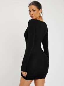 SHEIN SXY Vestido ajustado fruncido con nudo de cordón - Negro - Ver 2