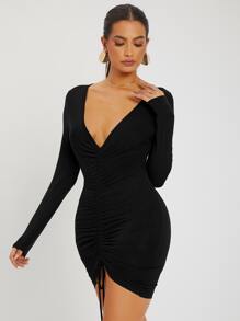 SHEIN SXY Vestido ajustado fruncido con nudo de cordón - Negro - Ver 3