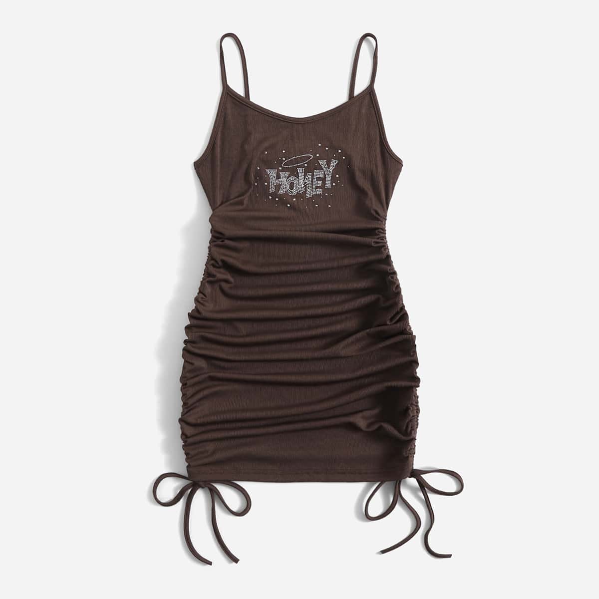 

Letter Rhinestone Drawstring Ruched Dress, Chocolate brown