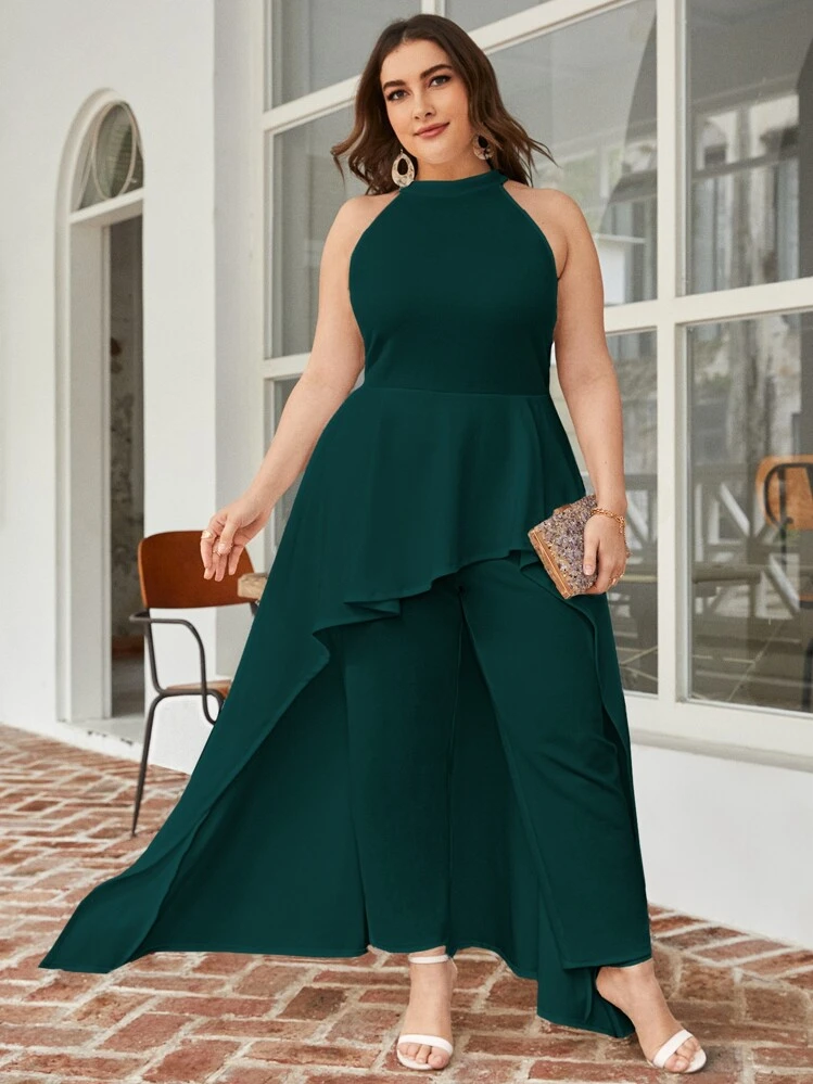 SHEIN Plus Solid Halter Jumpsuit With Skirt SHEIN