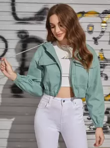 SHEIN EZwear Chamarra con capucha con cordón con cremallera - verde menta - Ver 1