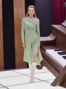 SHEIN 褶皺細節高衩不對稱下擺洋裝 - 薄荷綠 - 查看 6