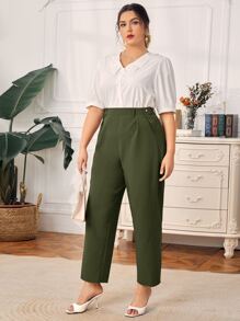 SHEIN Pantalones Extra Grande Botón Liso Elegante - Verde militar - Ver 1
