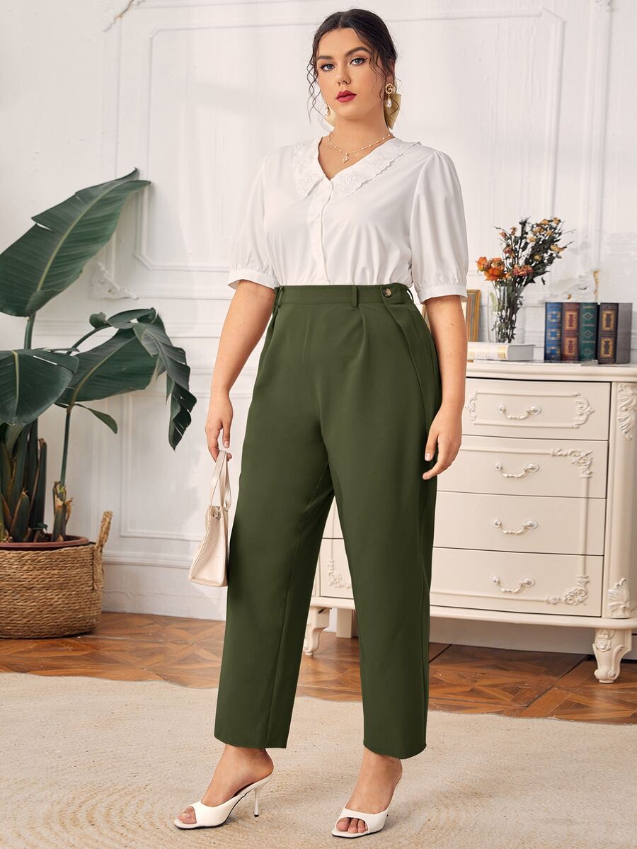 SHEIN Pantalones Extra Grande Botón Liso Elegante - Verde militar - Ver 1