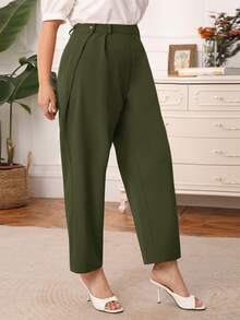 SHEIN Pantalones Extra Grande Botón Liso Elegante - Verde militar - Ver 4