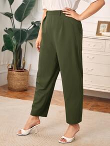 SHEIN Pantalones Extra Grande Botón Liso Elegante - Verde militar - Ver 5