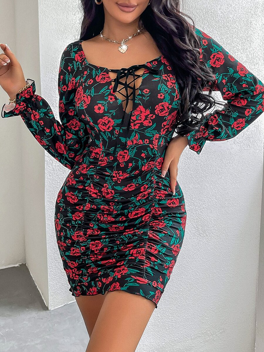 SHEIN SXY Allover Floral Lace Up Bodycon Dress - Multicolor - View 1