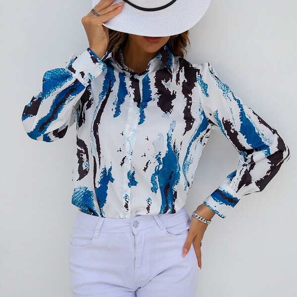 

Graphic Print Button Up Blouse, Multicolor