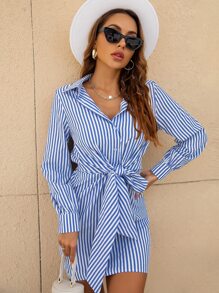 Striped Tie Front Shirt Dress