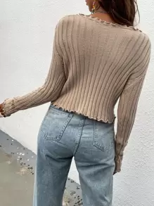 Chiquease 系带前生菜边短款开衫、长袖上衣 - 卡其色 - 查看 2