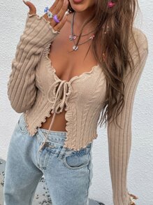 Chiquease 系带前生菜边短款开衫、长袖上衣 - 卡其色 - 查看 4