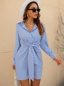 Striped Tie Front Shirt Dress