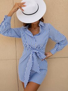 Striped Tie Front Shirt Dress