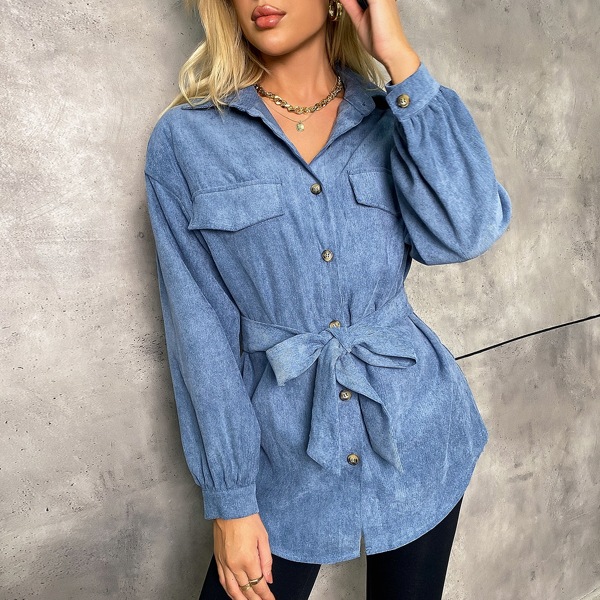 

Solid Button Front Belted Blouse, Blue