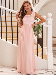 EVERPRETTY Contrast Lace High Waist Flare Hem Bridesmaid Dress