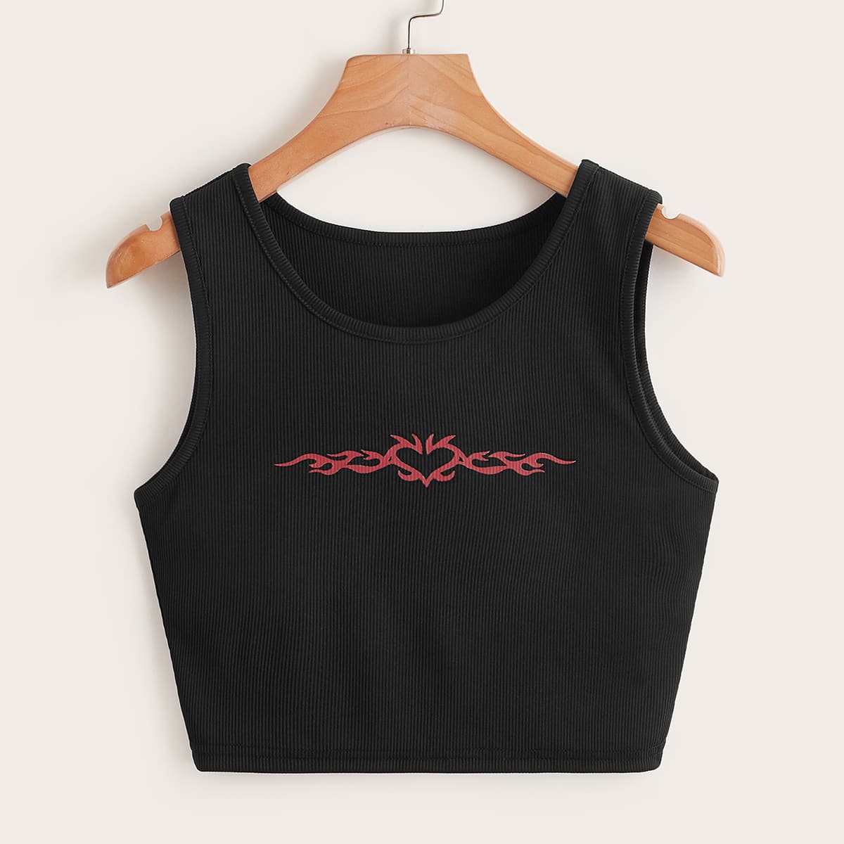 

Heart Graphic Ribbed Tank Top, Black