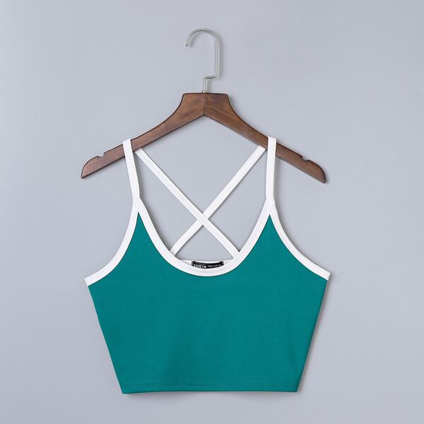

Criss Cross Contrast Binding Cami Top, Green