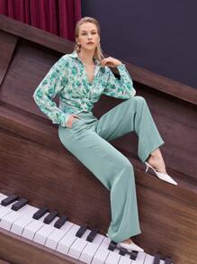 SHEIN Slant Pocket High Waist Trousers - Mint Green - View 1