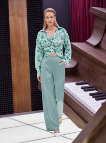 SHEIN Slant Pocket High Waist Trousers - Mint Green - View 4