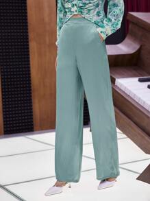 SHEIN Slant Pocket High Waist Trousers - Mint Green - View 5